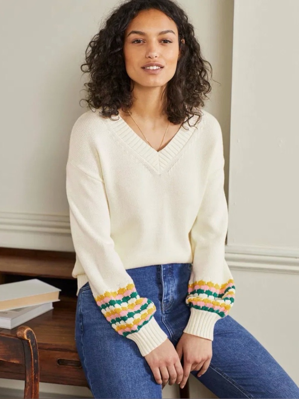 Boden Stitch Cuff Stripe Knit Sleeve V-Neck 100% Cotton Sweater White US10